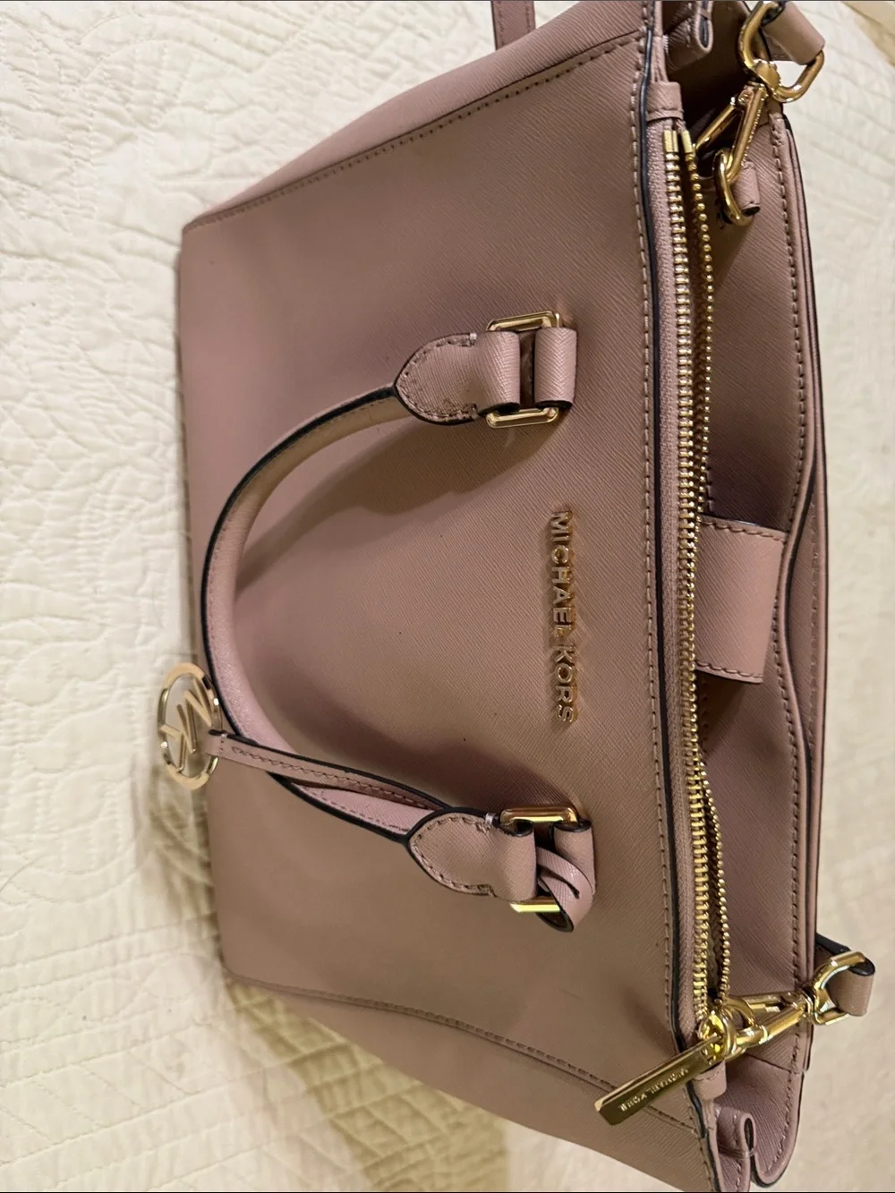 Michael Kors Mauve Leather Satchel with Gold Hardware. Long strap included.